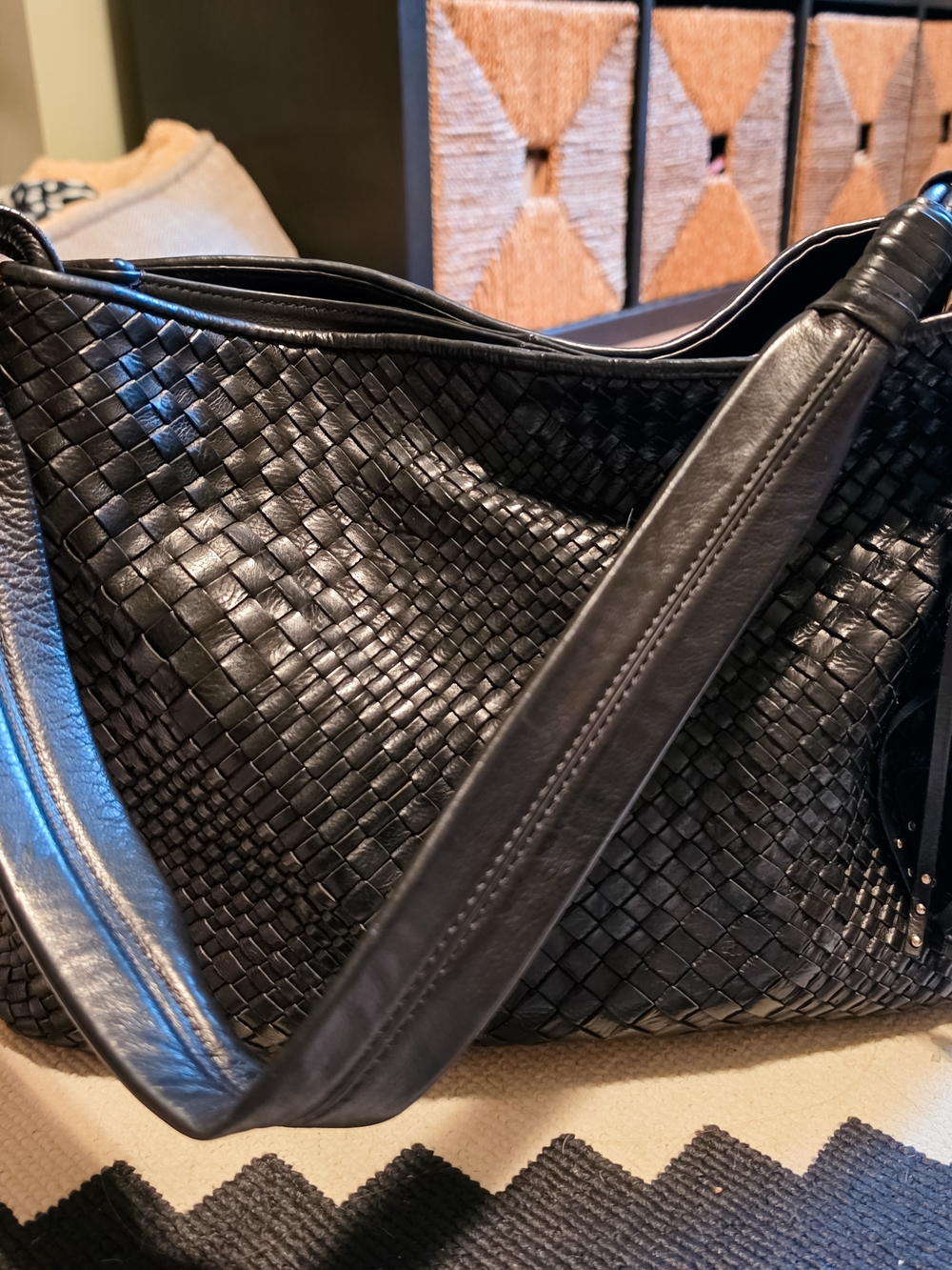 Massimo Dutti Black Woven Leather Shoulder Bag